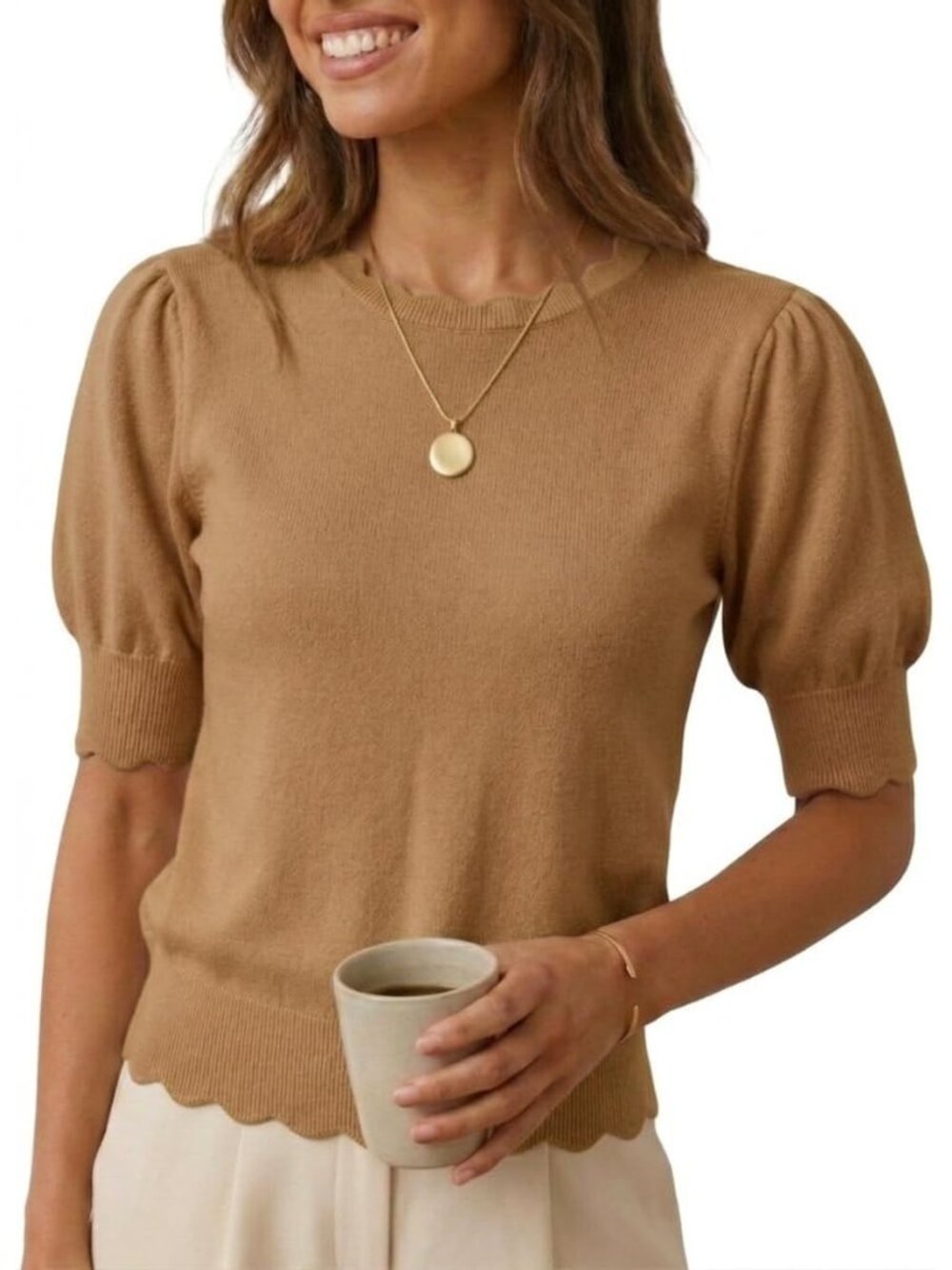 Women's Camel Short Sleeve Crew Neck Pull On Imported Casual Sweater